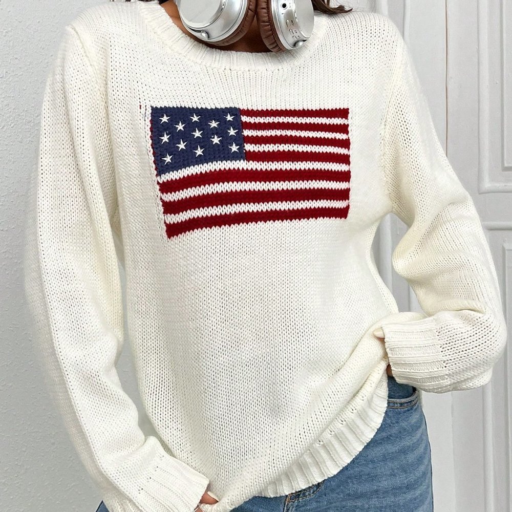White Casual Womens Flag Pattern Sweater - Picture 3 of 5